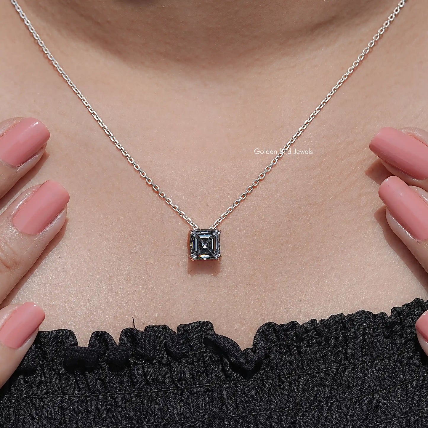 detail view of Asscher Cut Moissanite Pendant