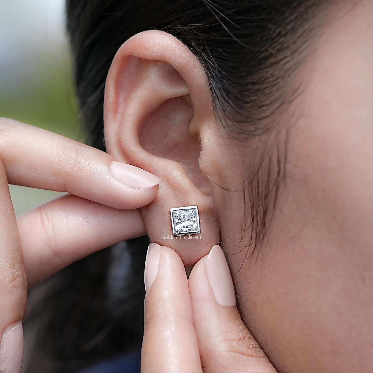 Detailed view of Princess Lab Diamond Stud Bridal Earrings
