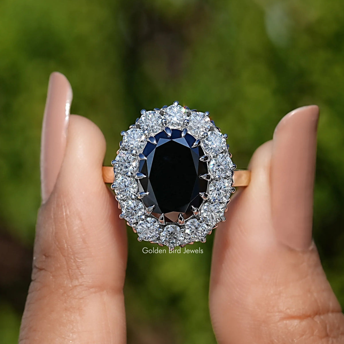 Front View of Black Oval Shape Moissanite Halo Engagement Ring