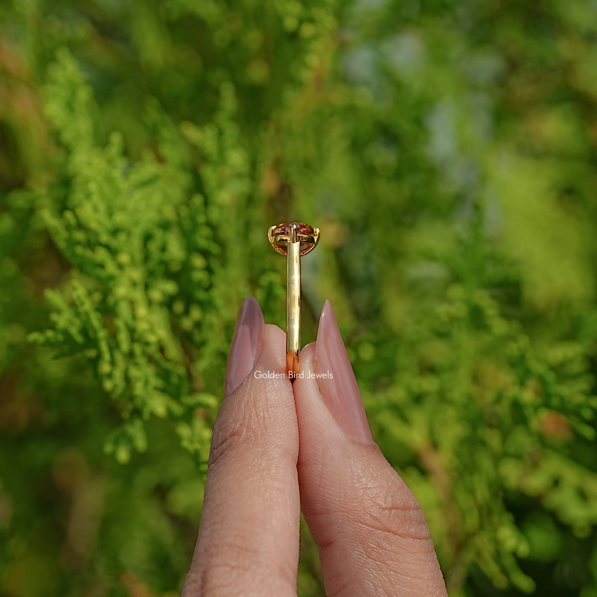 Side View Of Champagne Cut Moissanite Engagement Ring