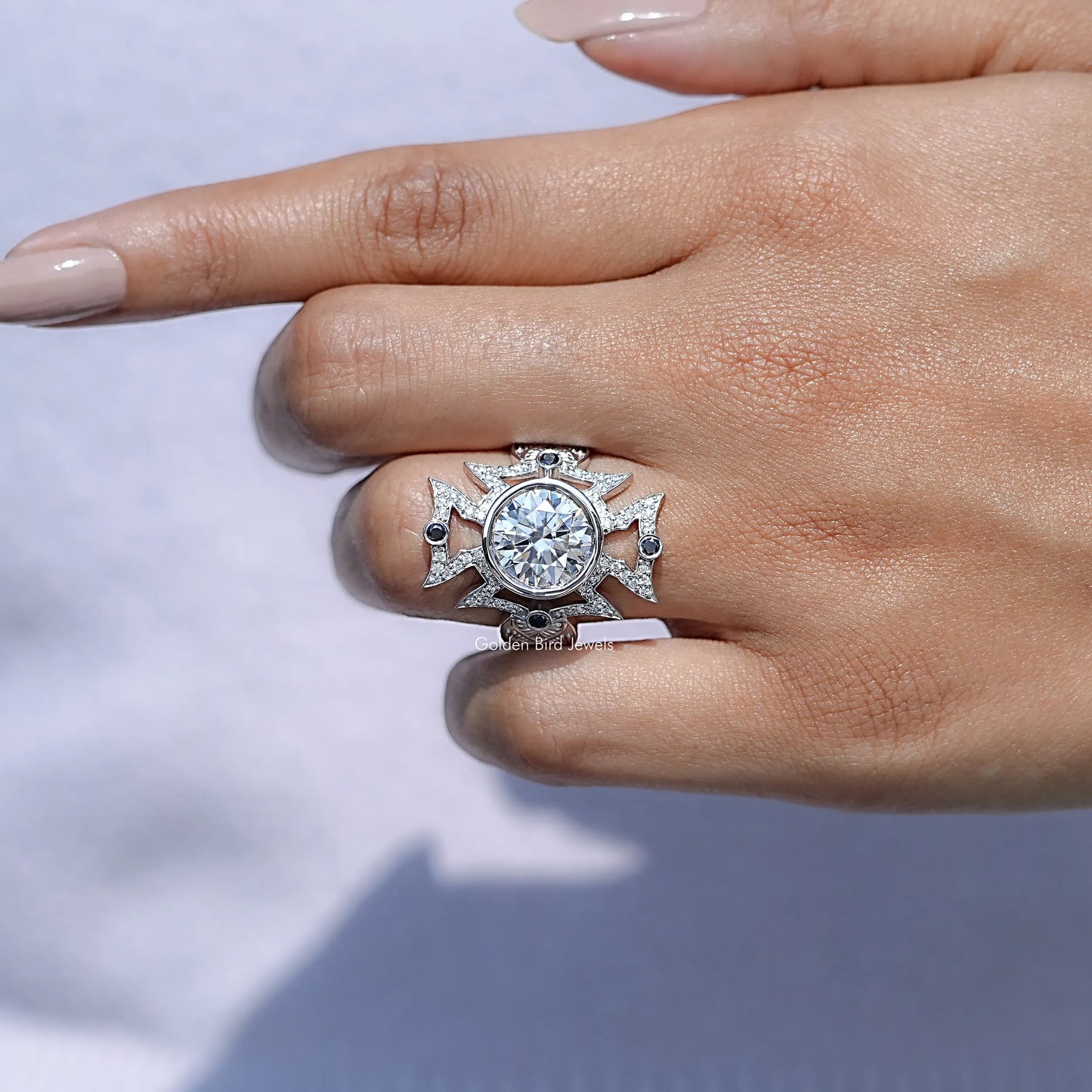 In finger front view of Long Art Deco Round Shape Ring in unique shape