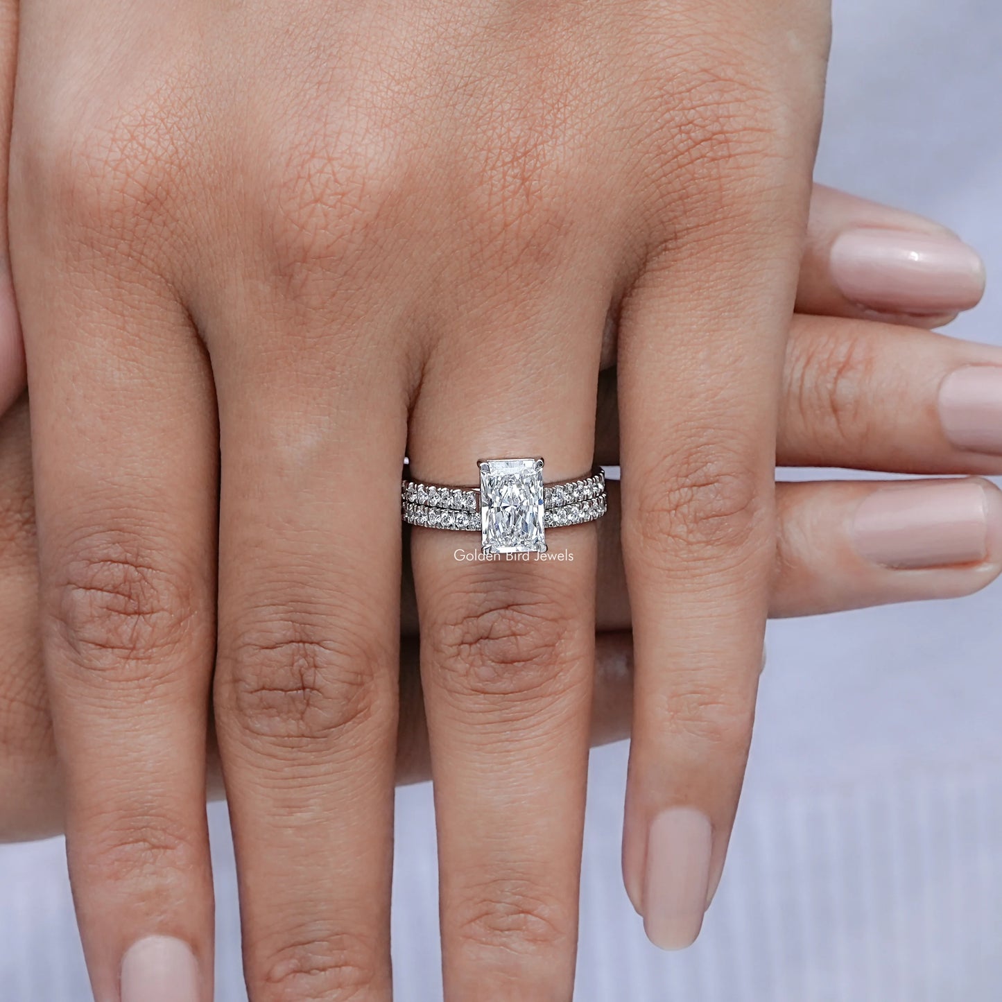 View of Lab Diamond Radiant cut in prongs setting