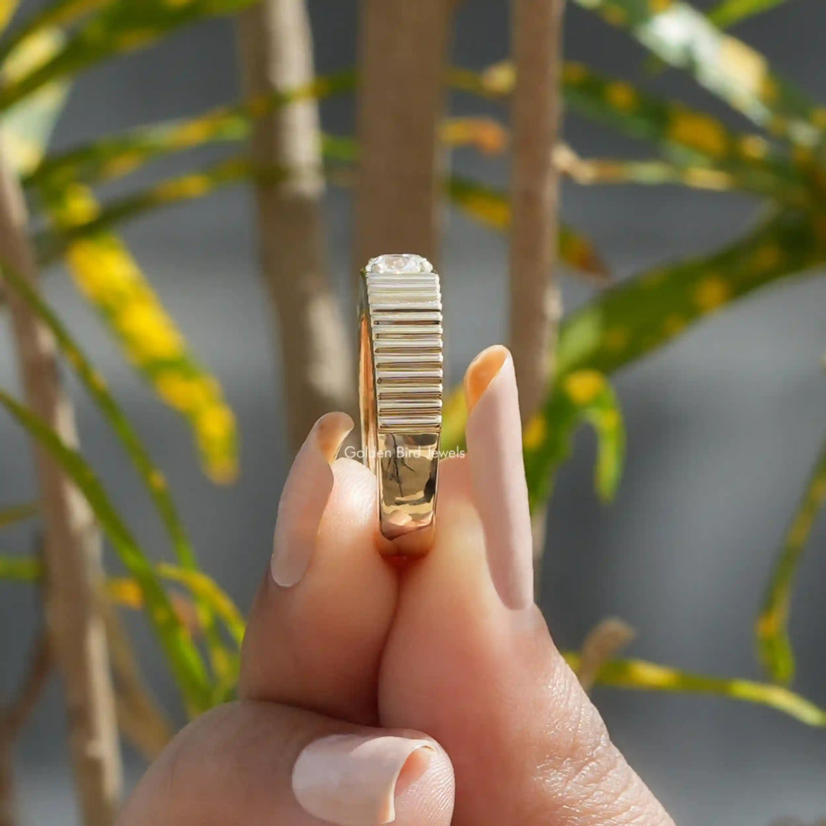 Side View of Round Cut Lab-Grown Solitaire Engagement Ring IN Two Fingers