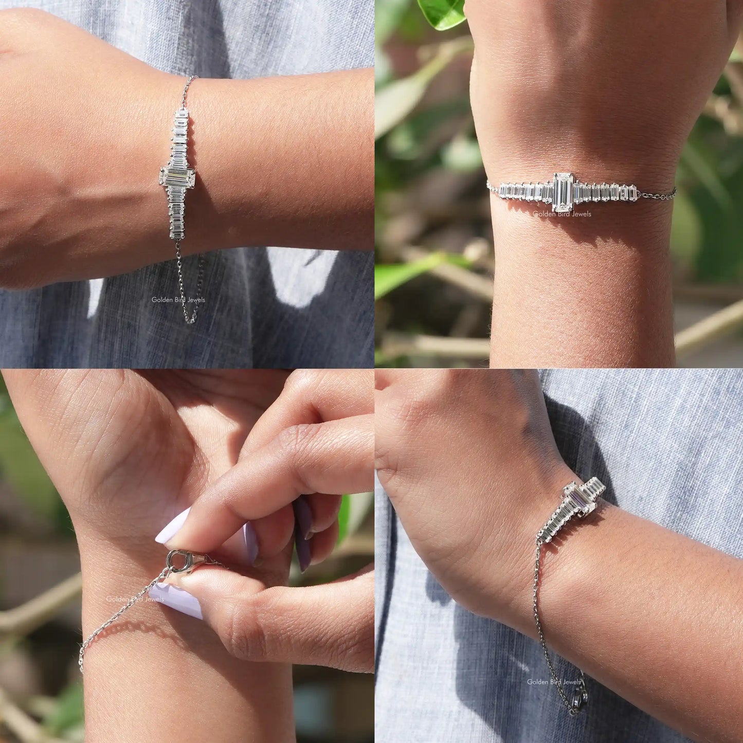 Front , back , side and close view of moissanite bracelet