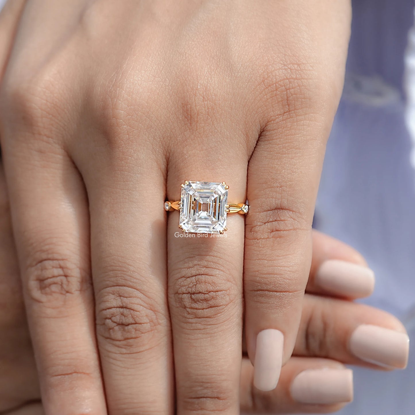View of Asscher Cut Solitaire Engagement Ring in prongs setting