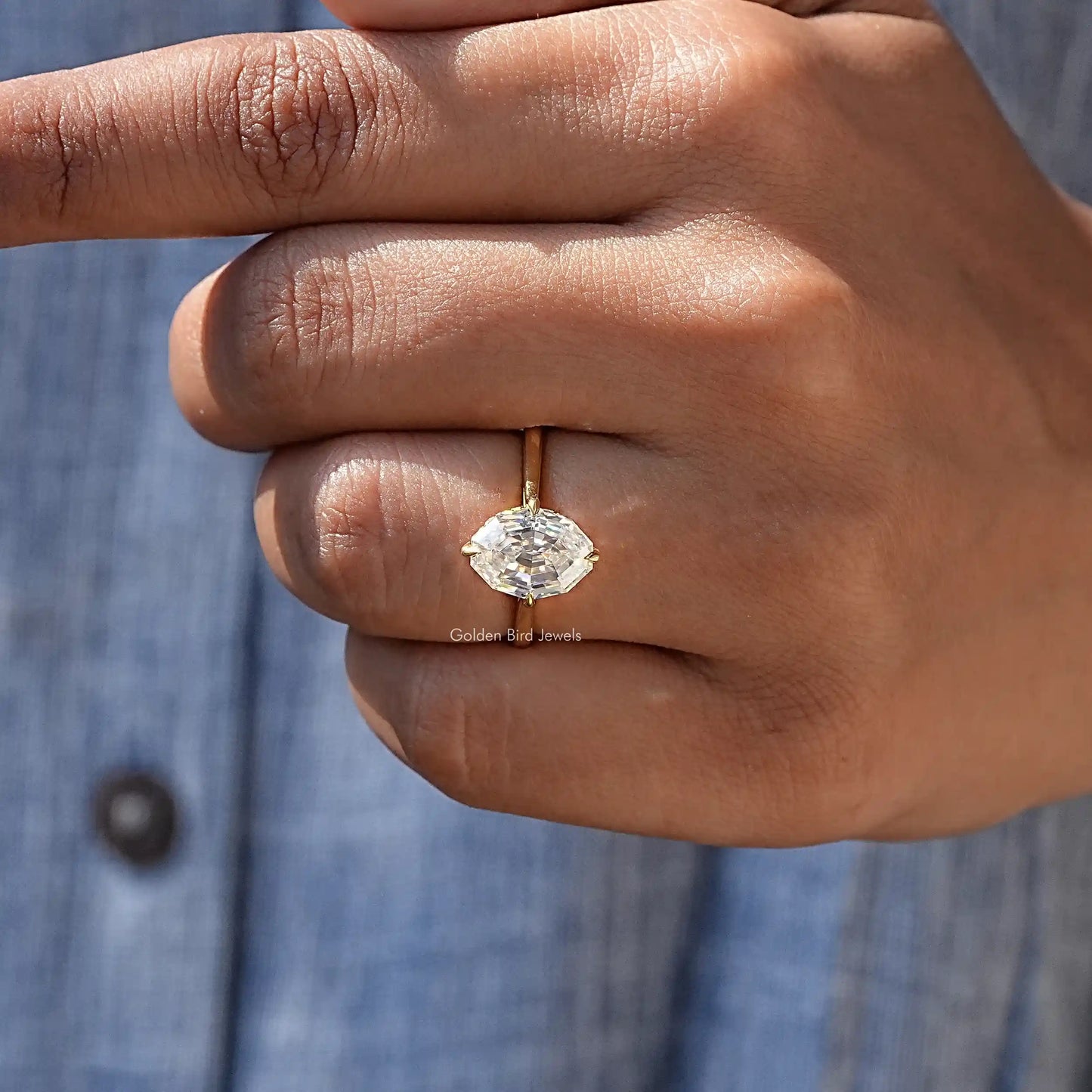 Close-Up View of Oval Cut Moissanite Ring In Yellow Gold