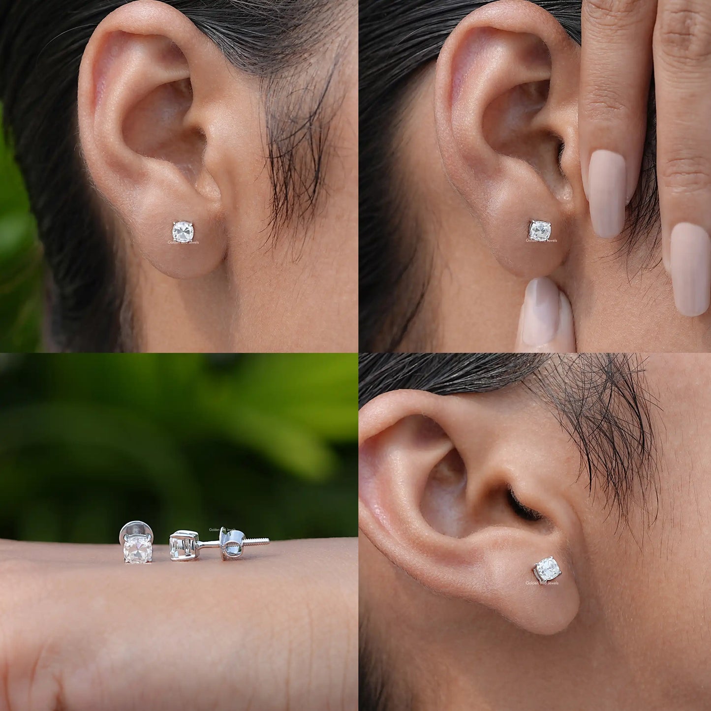 Front back side and ear view of moissanite stud earrings
