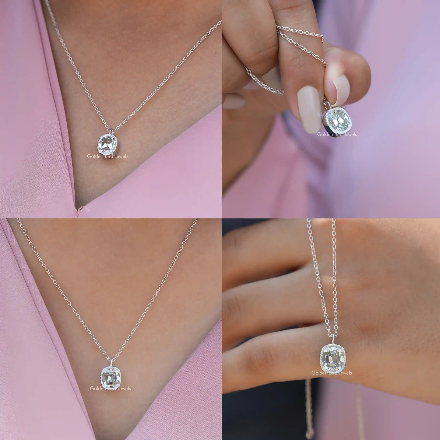 Front back side and close view of moissanite pendant
