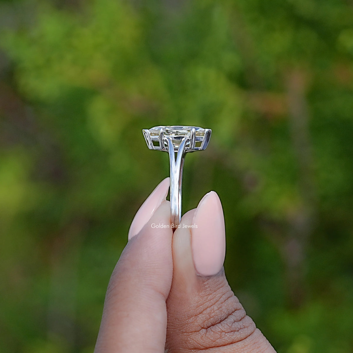 Side View Of Marquise Shaped Moissanite Solitaire Ring