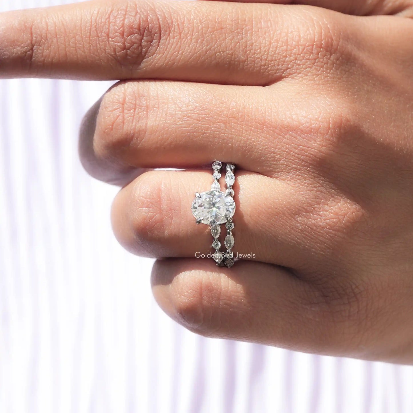 Detailed View Of Oval Cut Moissanite Bridal Ring Set In White Gold