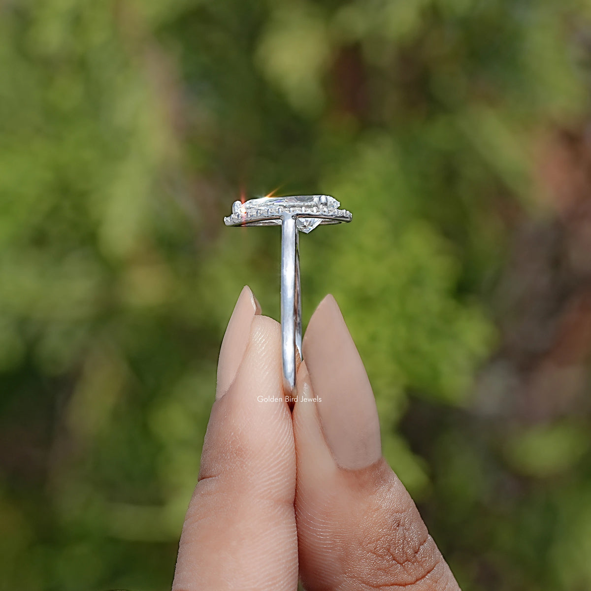 Side View Of Pear Lab Diamond Halo Engagement Ring