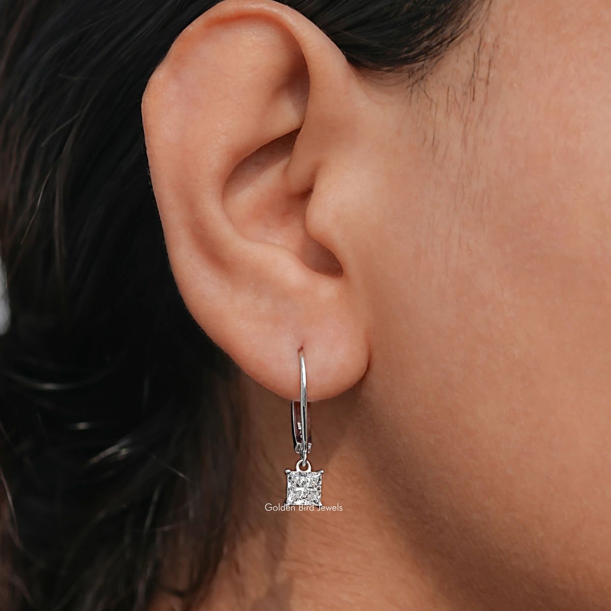 In Ear view of Princess Cut Lab Diamond Drop Earrings
