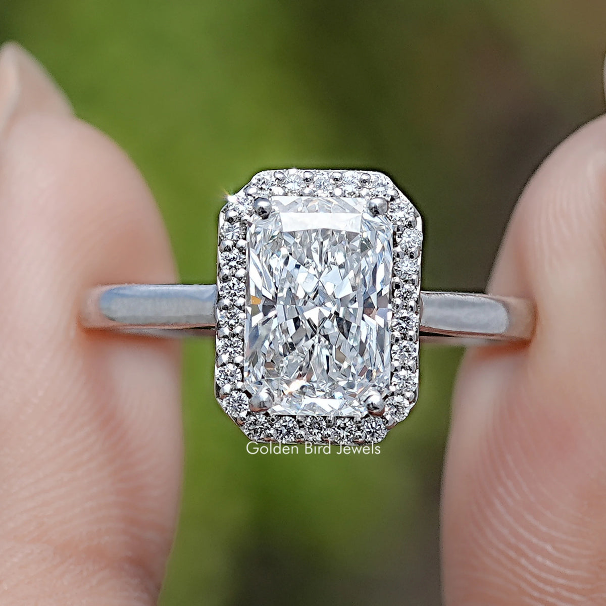 Front View of Radiant Cut Lab Diamond Halo Engagement Ring