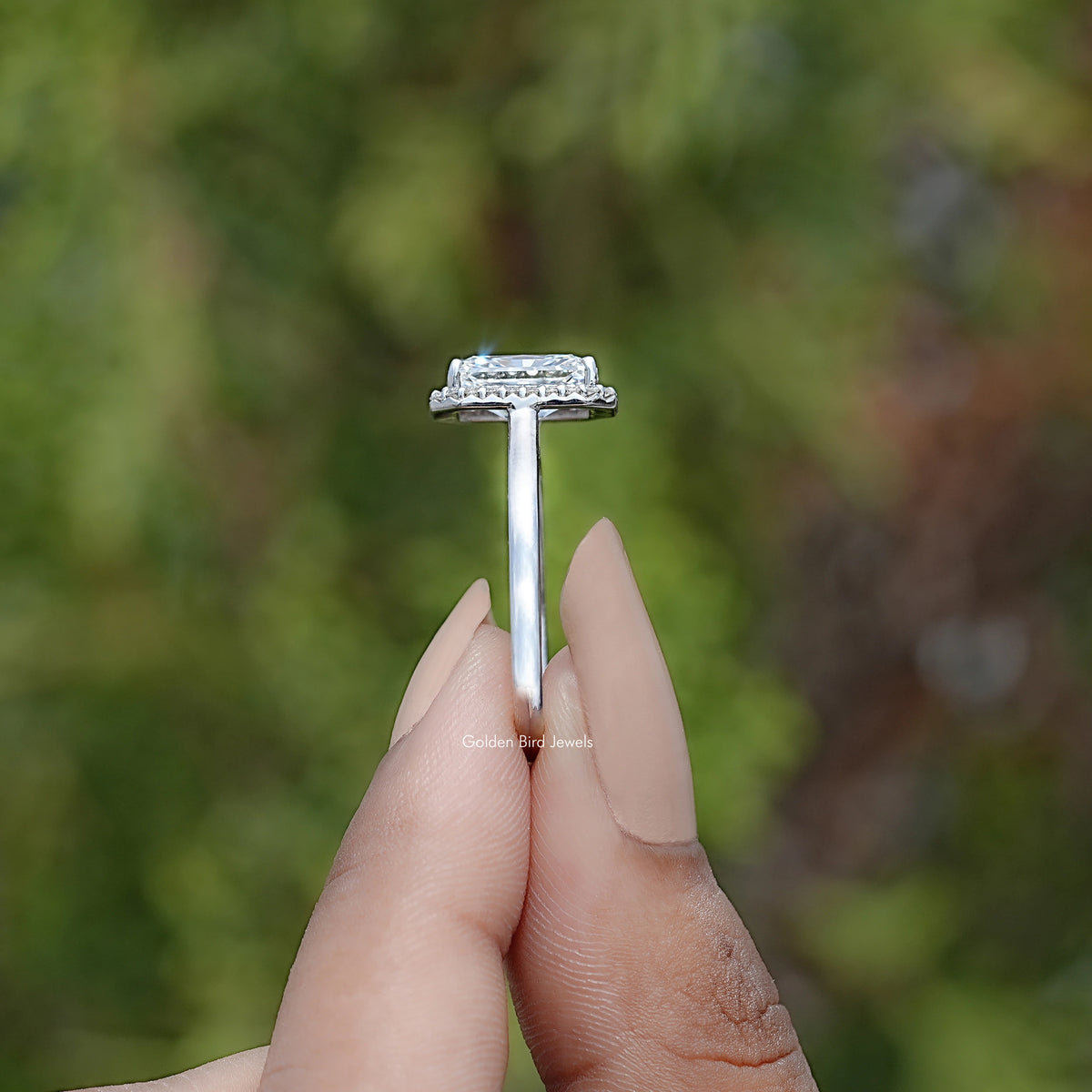 Side View Of Radiant Lab Diamond Halo Engagement Ring