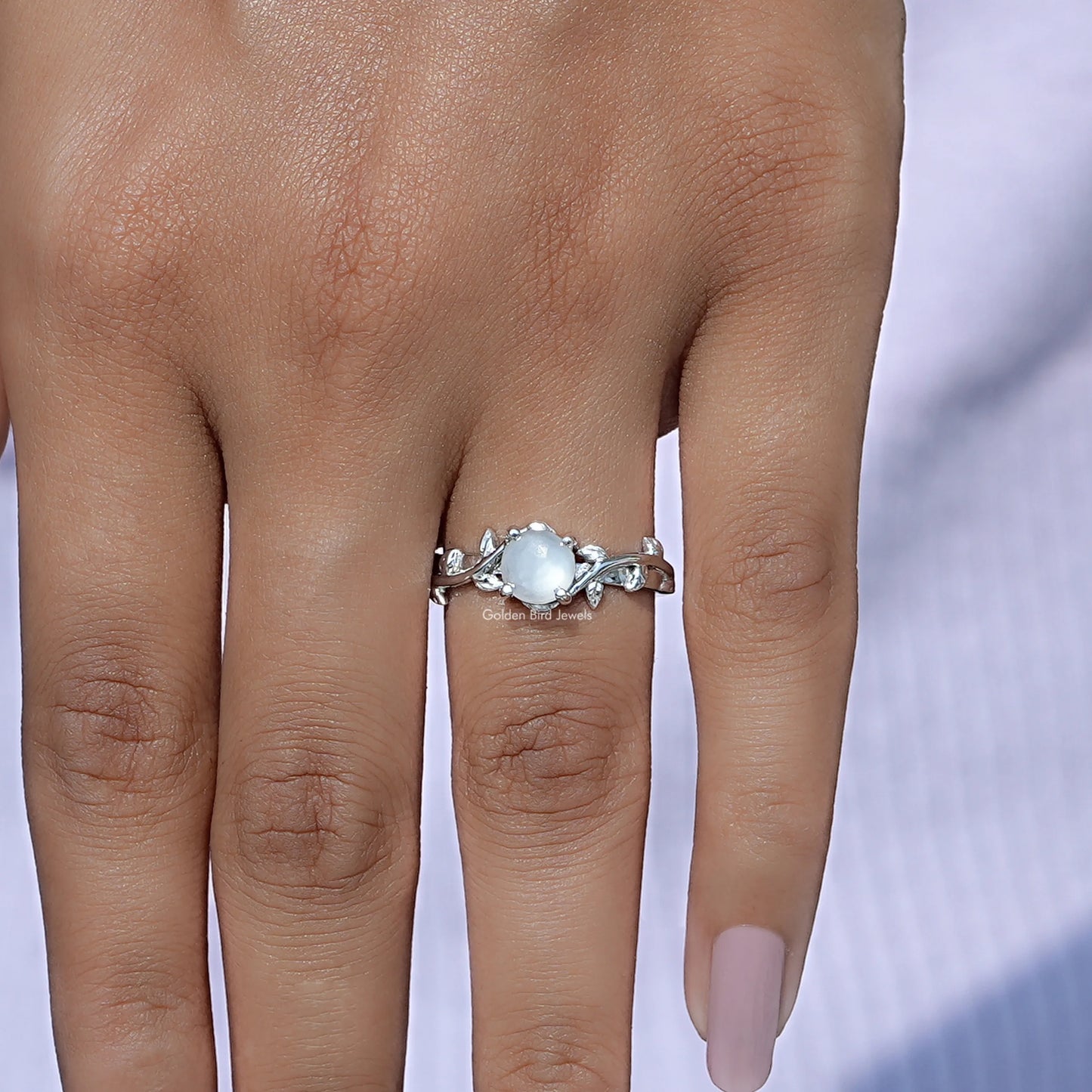 Close-Up View of Round Cut Moonstone Gemstone Solitaire Ring In White Gold