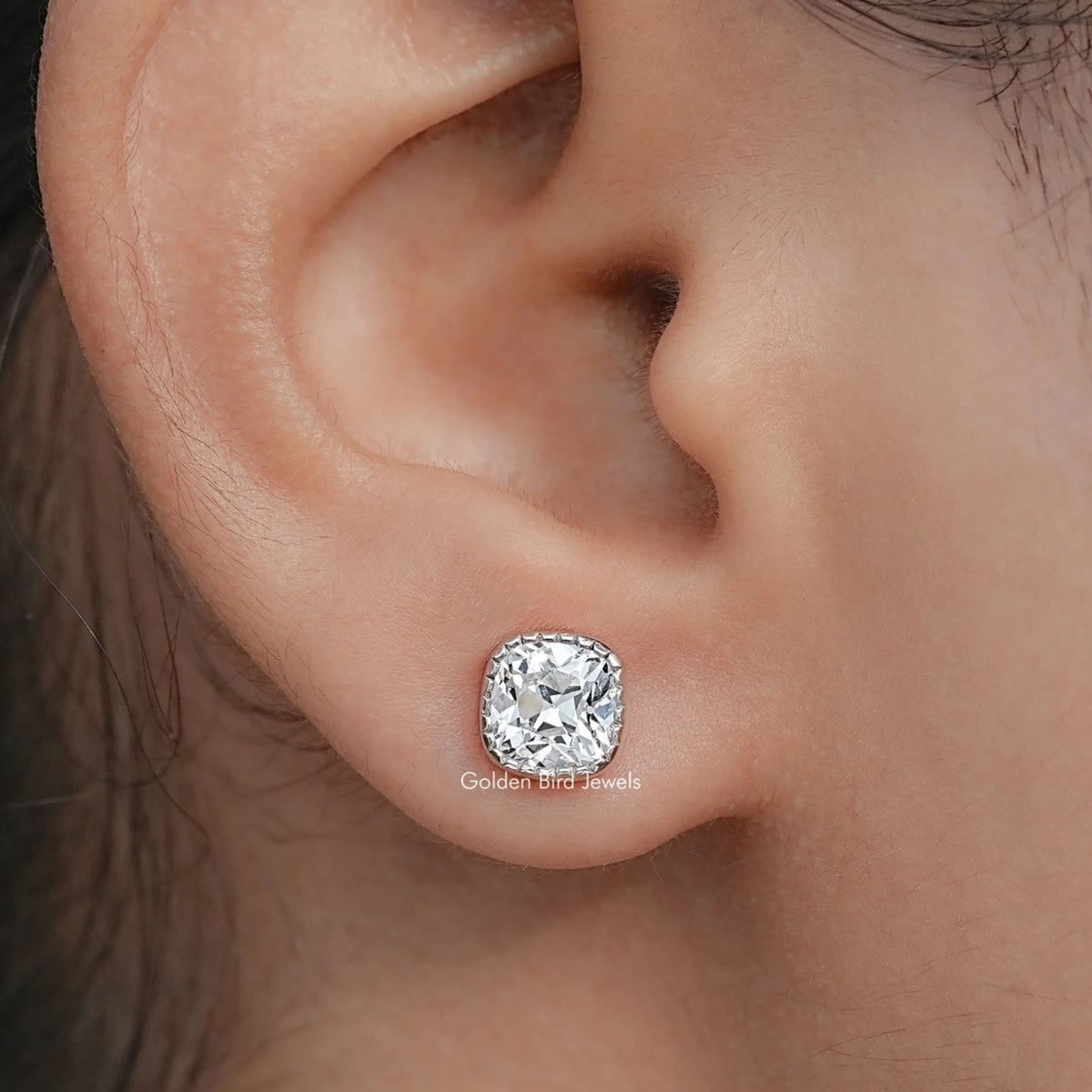 In Ear view of Milgrain Square Cut Lab Diamond Stud Earrings