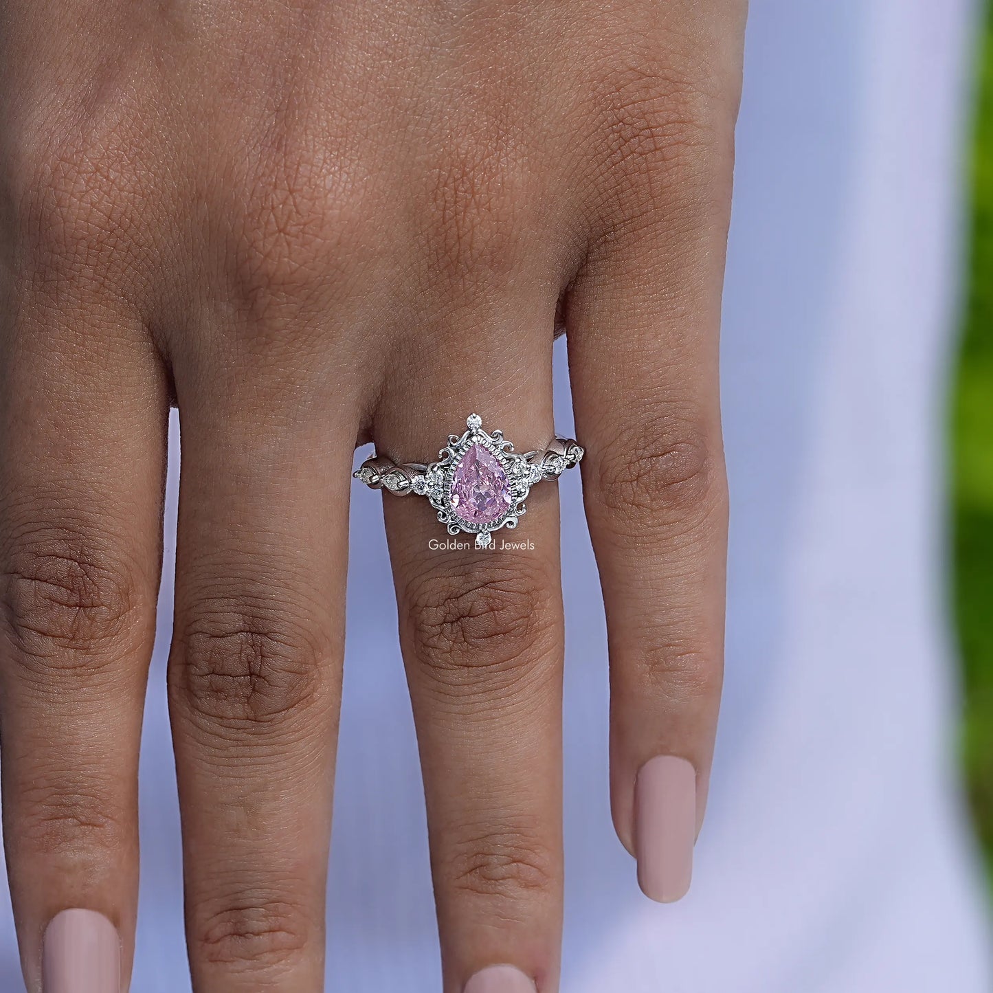 Close-Up View of Pear Cut Engagement Ring In White Gold