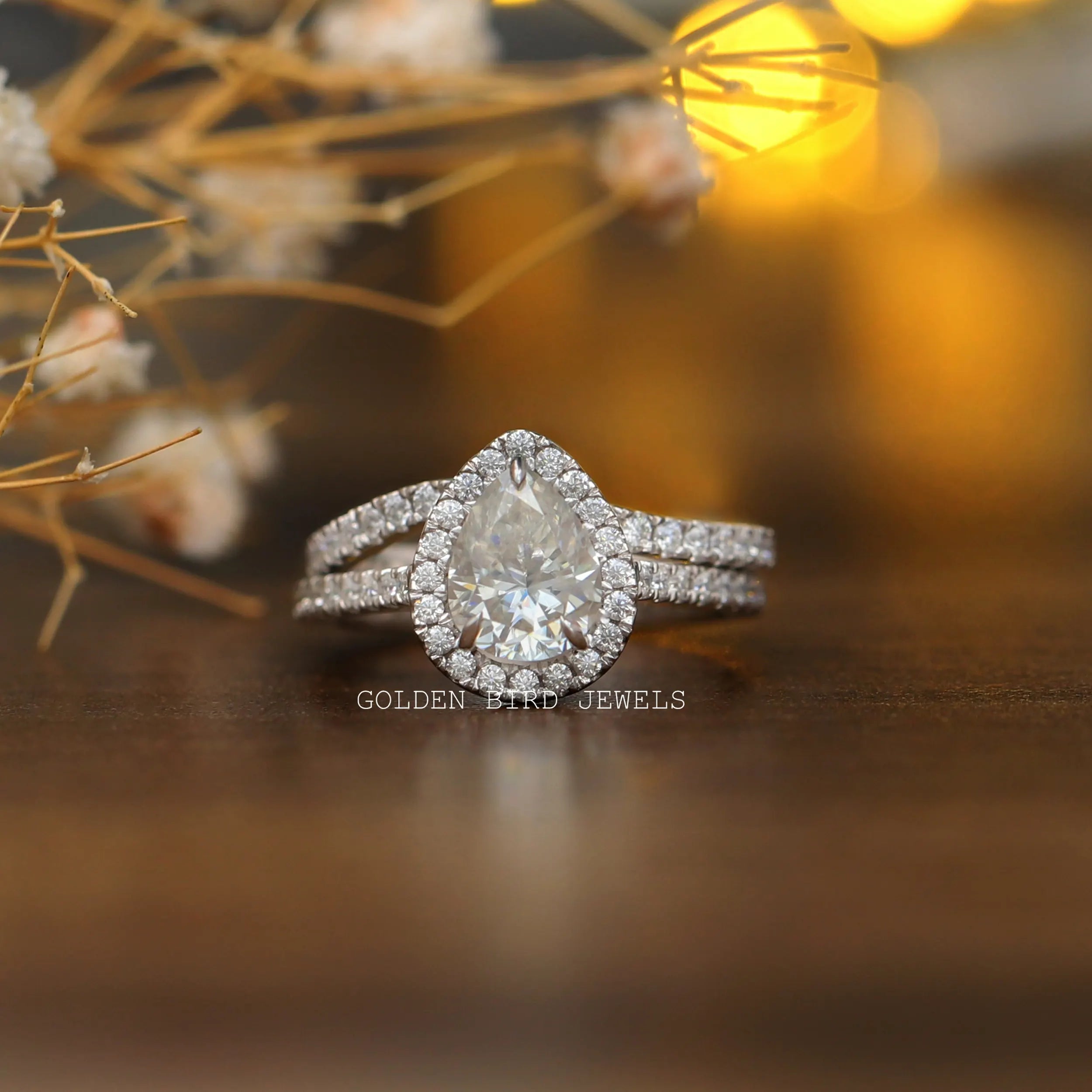 Gold Wedding Ring Set with Pear Halo Moissanite Engagement Ring