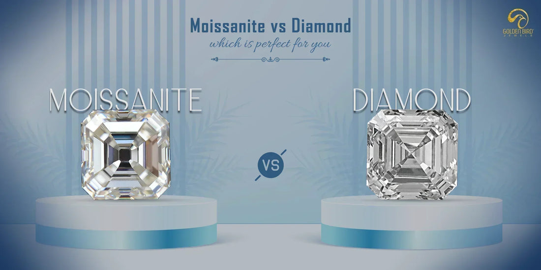 [Moissanite vs Diamond : Comparison of a sparkling round-cut diamond ring on a wooden surface.]-[golden bird jewels]