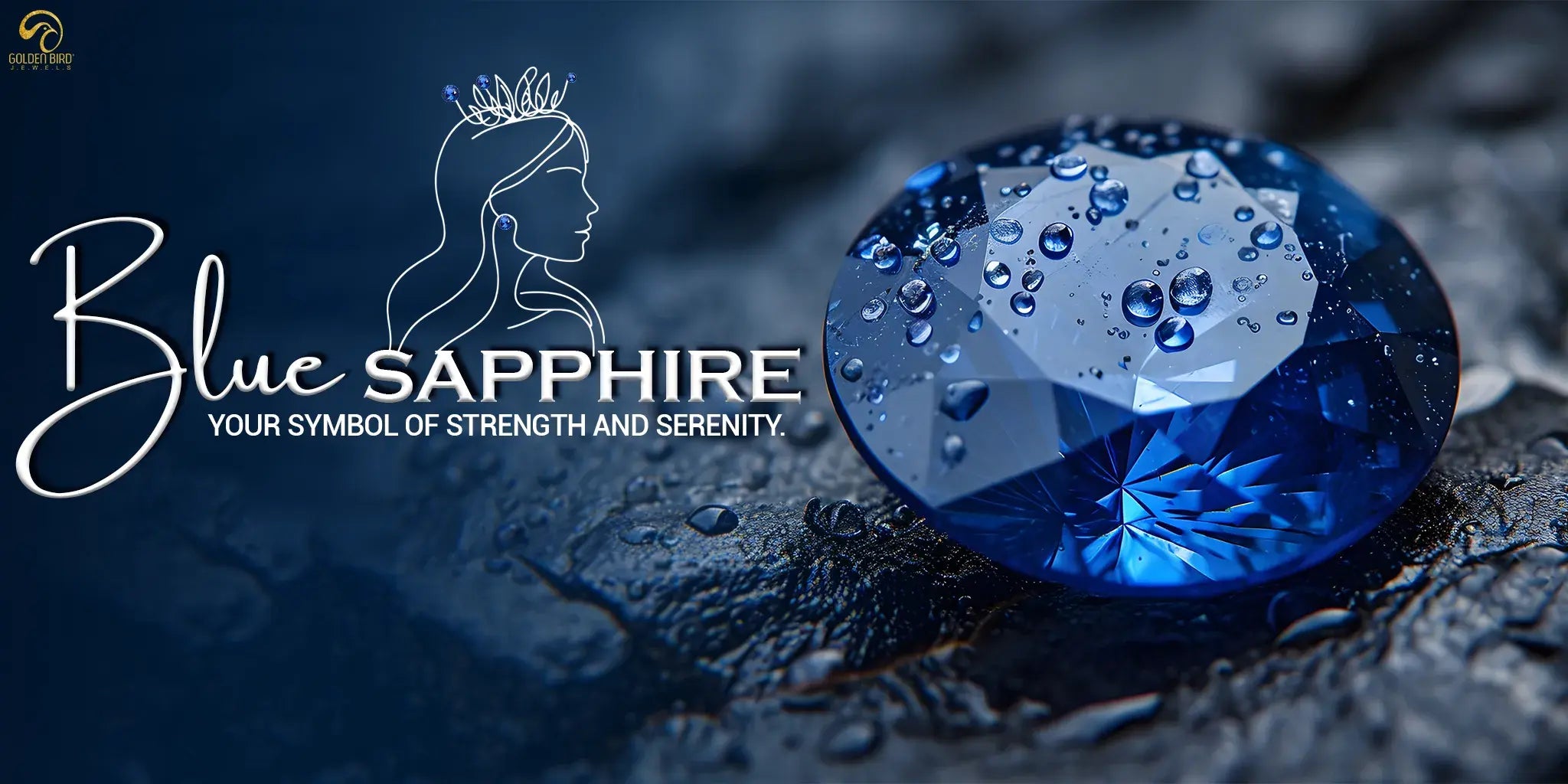 Blue Sapphire stone over blsck rock with rain drops on it, a lining portrait of lady with crown, text written- blue sapphire , your symbol of strength and serenity, with faded blue background