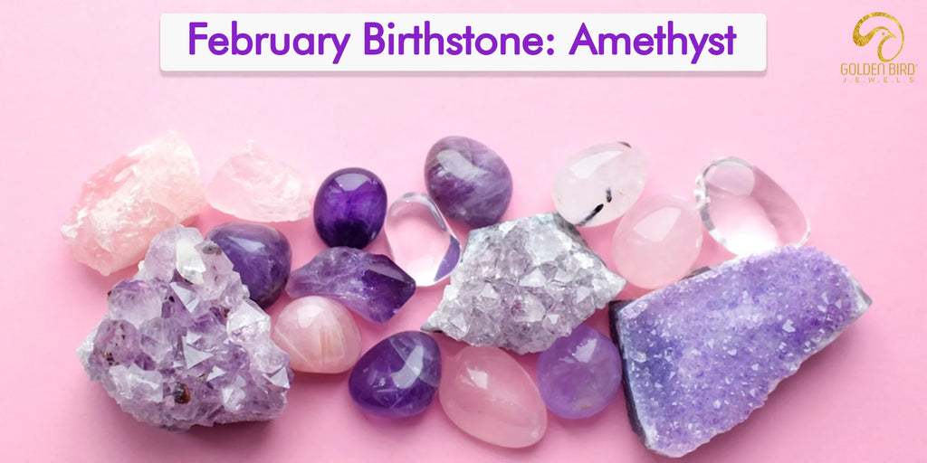 [Various amethyst gemstones in different shapes and shades of purple displayed on a pink background, highlighting amethyst as the February birthstone.]-[goldenbirdjewels]