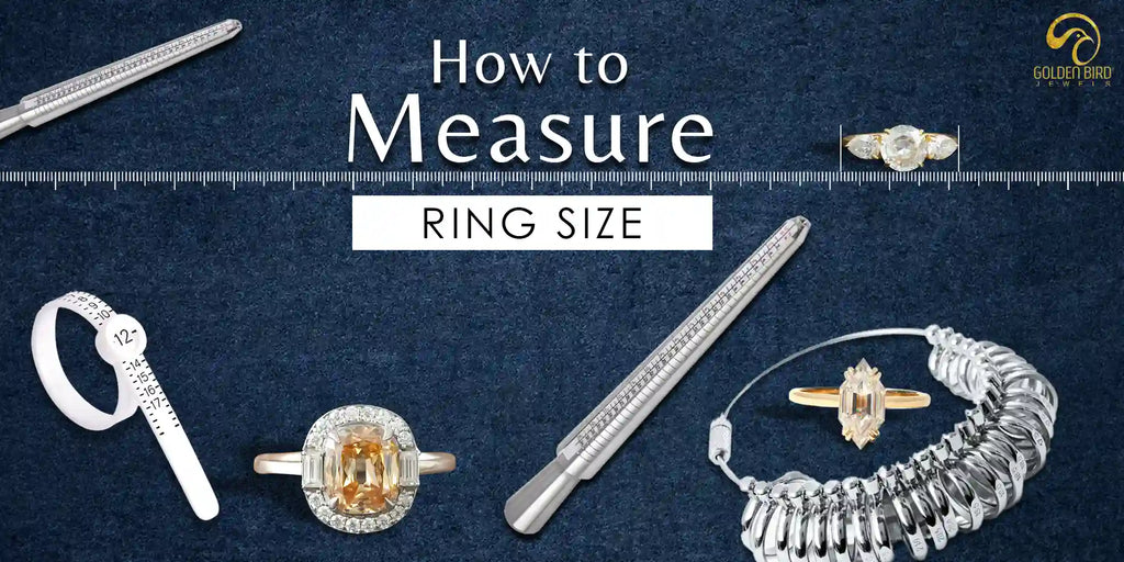 [ The image provides a guide on how to measure ring size, featuring various tools like ring sizers, measuring tape, and ring sticks to ensure accurate sizing for a perfect fit.]-[golden bird jewels]