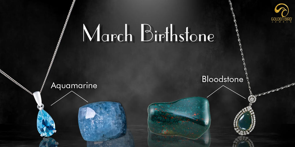 [March Birthstones Aquamarine is a light blue stone and Bloodstone is a dark green stone with red specks. Both stones are shown with necklaces.]-[golden bird jewels]