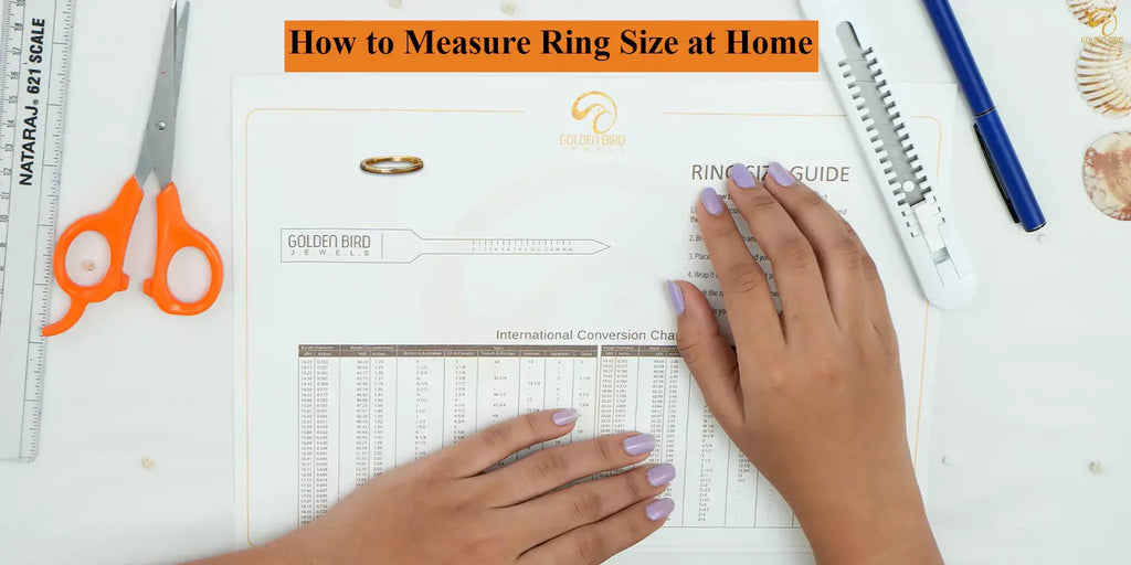 [ The image shows how to measure ring size at home using a printed guide, scissors, ruler, pen, and an existing ring. Hands demonstrate the process for accurate sizing.]-[golden bird jewels]