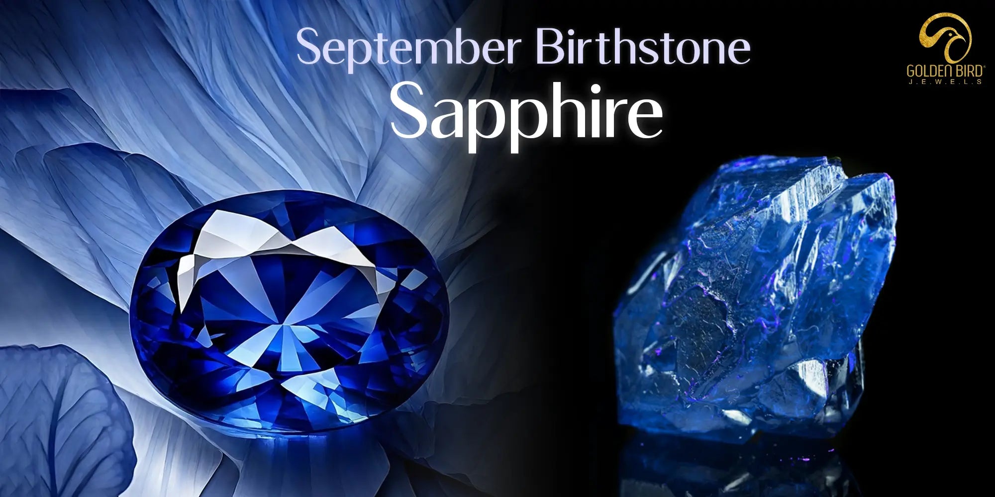 [September Birthstone Sapphire Stunning Blue Gemstone Displayed Against Floral and Dark Background]-[goldenbirdjewles]