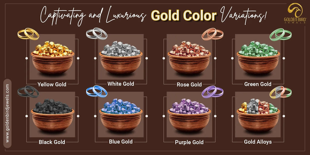 [Text]- Captivating and luxuries Gold Color variations, yellow gold, rose gold, green gold, black gold, white gold, blue gold, green gold [Style]- Elematary Boxes with Brown Background,