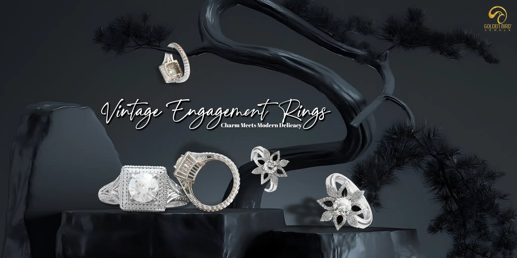 Vinage  engagement rings made by golden jewels presented with bonsai tree in black theme