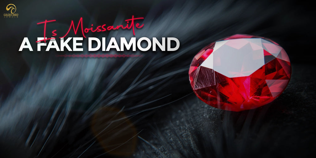 [Theme]- red and black,[Background]- black grass, [main element]- red colored moissanite stone, [Text]- Is Moissanite a Fake Diamond