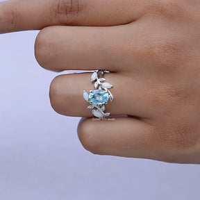 Aquamarine Oval Cut Gemstone Accent Ring In White Gold