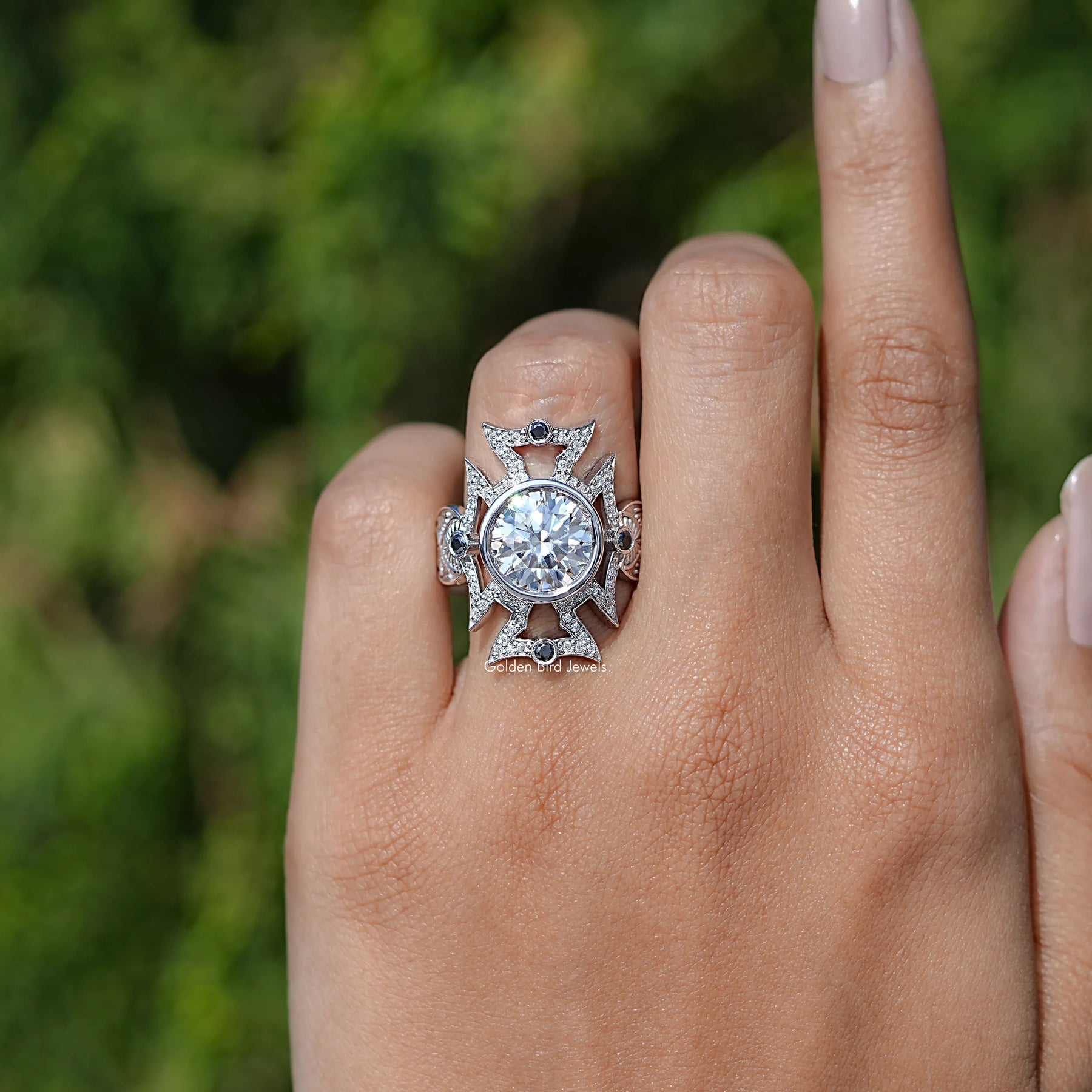 Long Art Deco Round Moissanite Engagement Ring