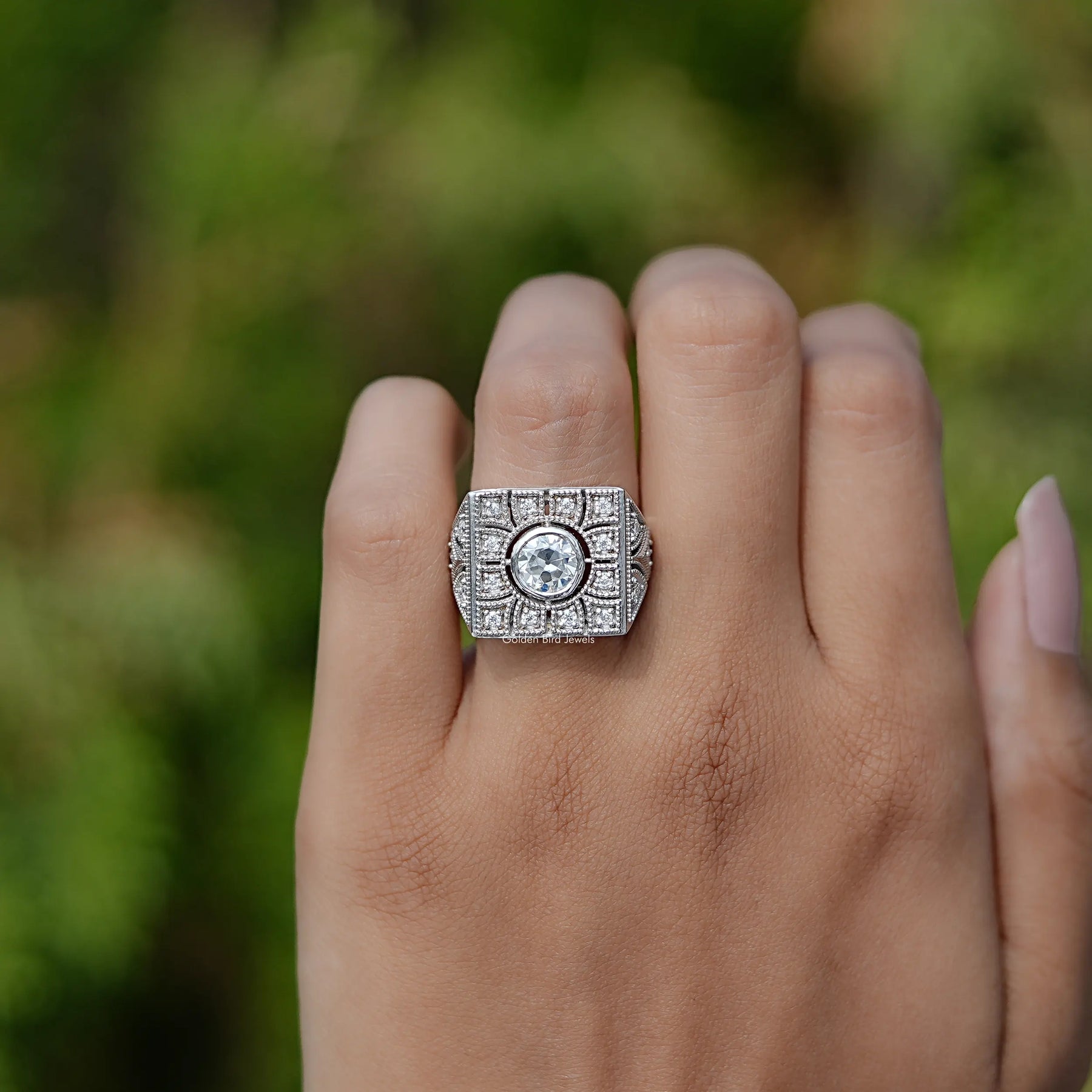 Old European Round Cut Art Deco Square Top Moissanite Ring