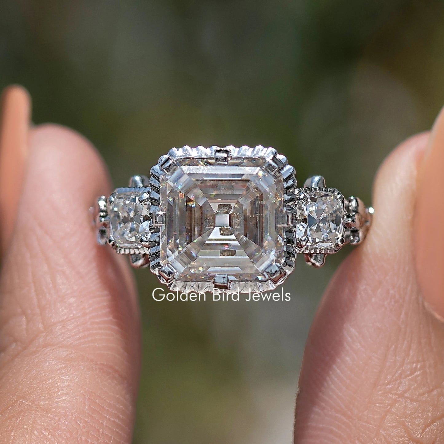 Old Mine Asscher Cut Moissanite Three Stone Ring