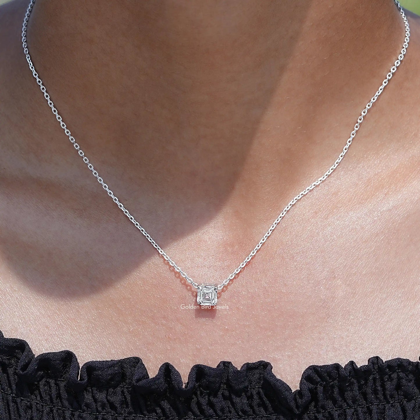 View of lab grown diamond Asscher cut pendant