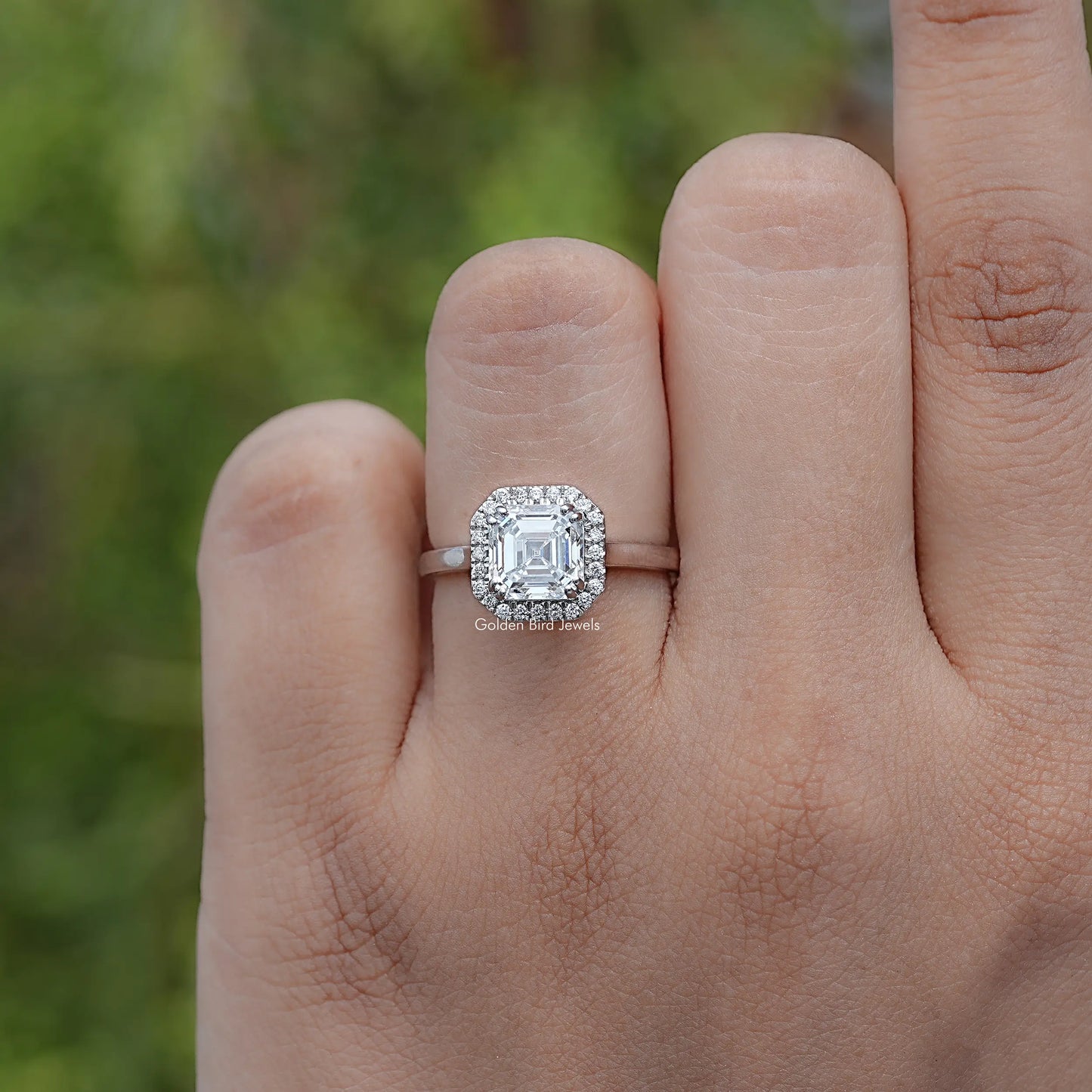 Top View Of Asscher shaped diamond engagement ring 
