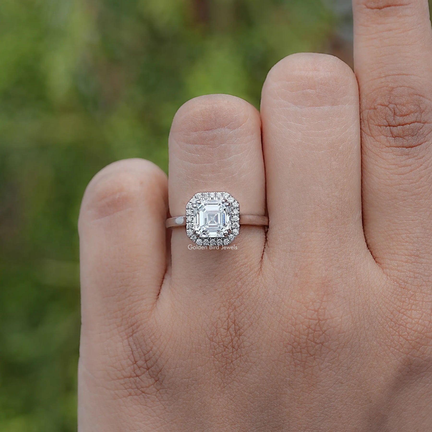 Top View Of Asscher shaped diamond engagement ring 
