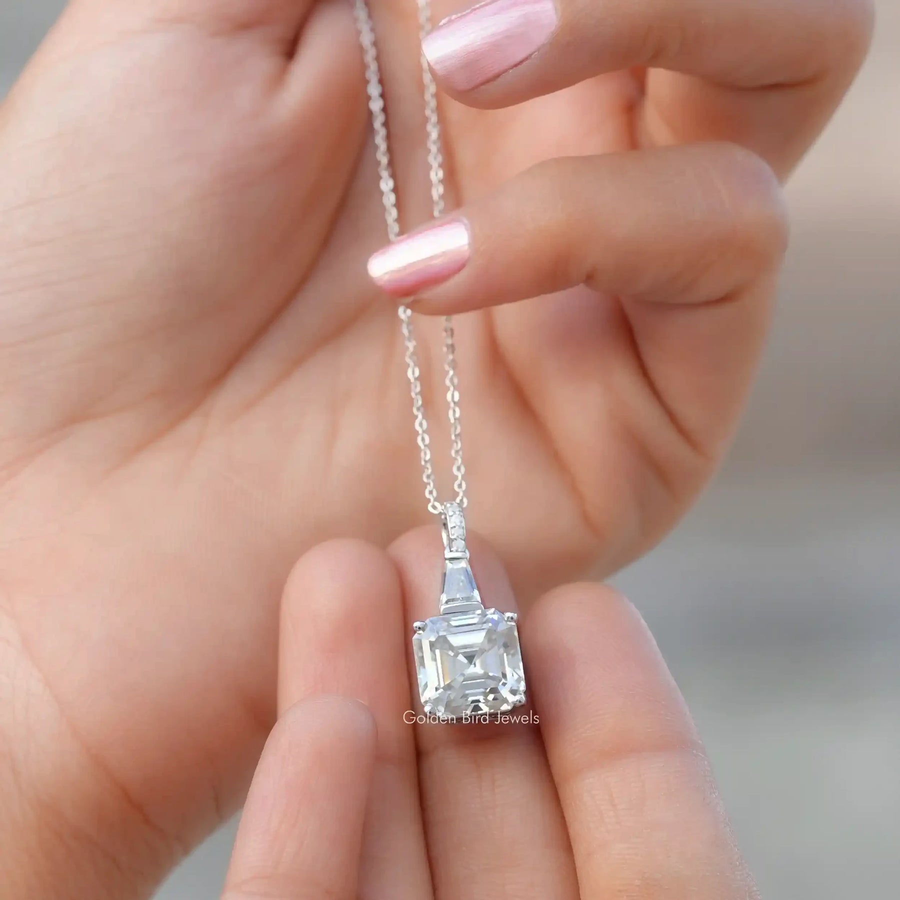 [Moissanite Asscher Cut White Gold Pendant]-[Golden Bird Jewels]