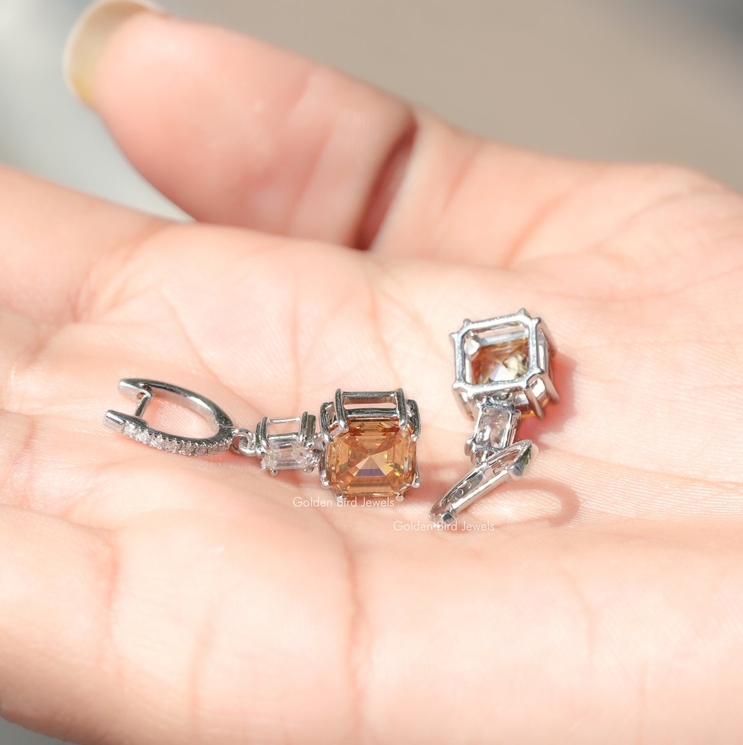[Back view of asscher cut dangle drop earrings made of emerald cut stones]-[Golden Bird Jewels]