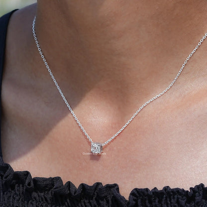In neck view of Asscher cut diamond halo pendant 