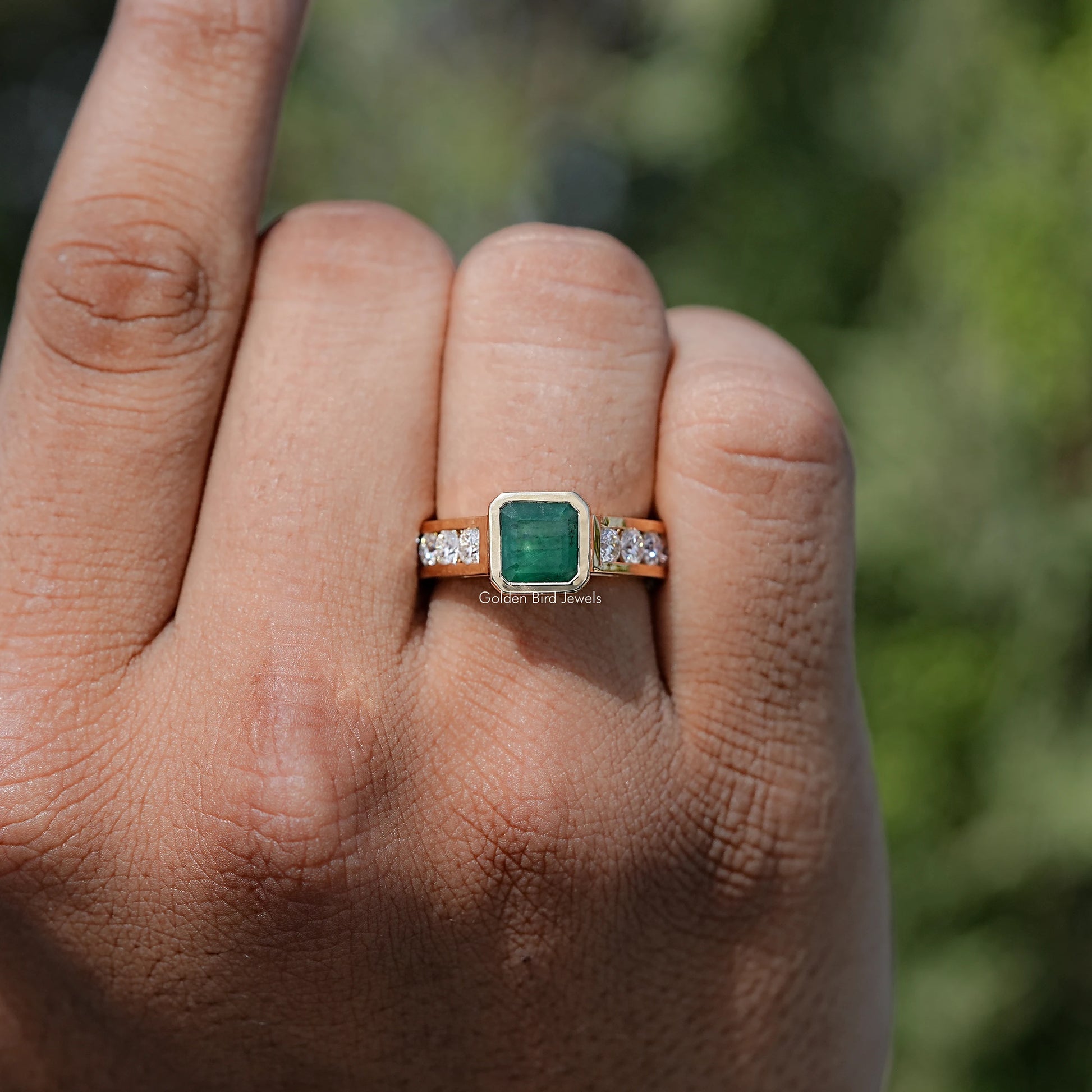 View of Bezel Cut Moissanite Solitaire Ring in prongs setting 