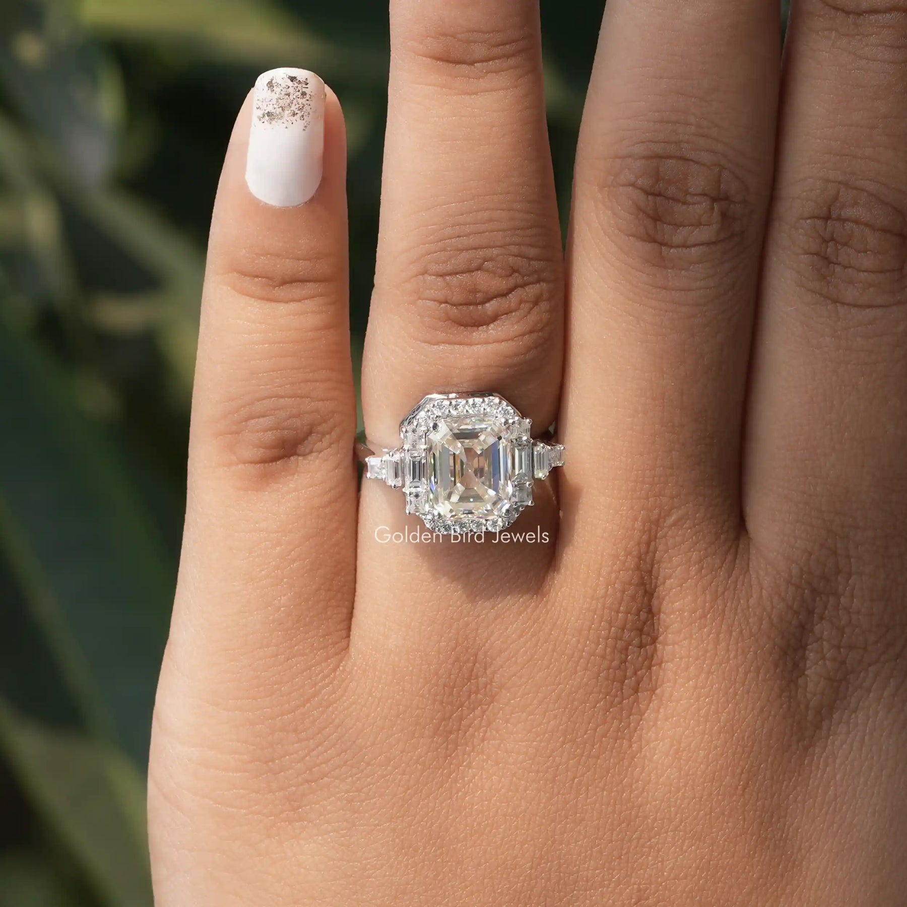 [Halo Asscher Cut Moissanite Ring]-[Golden Bird Jewels]