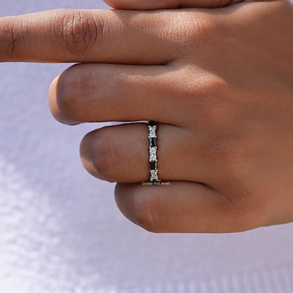 View of Colorless Round And Baguette Wedding Band In White Gold