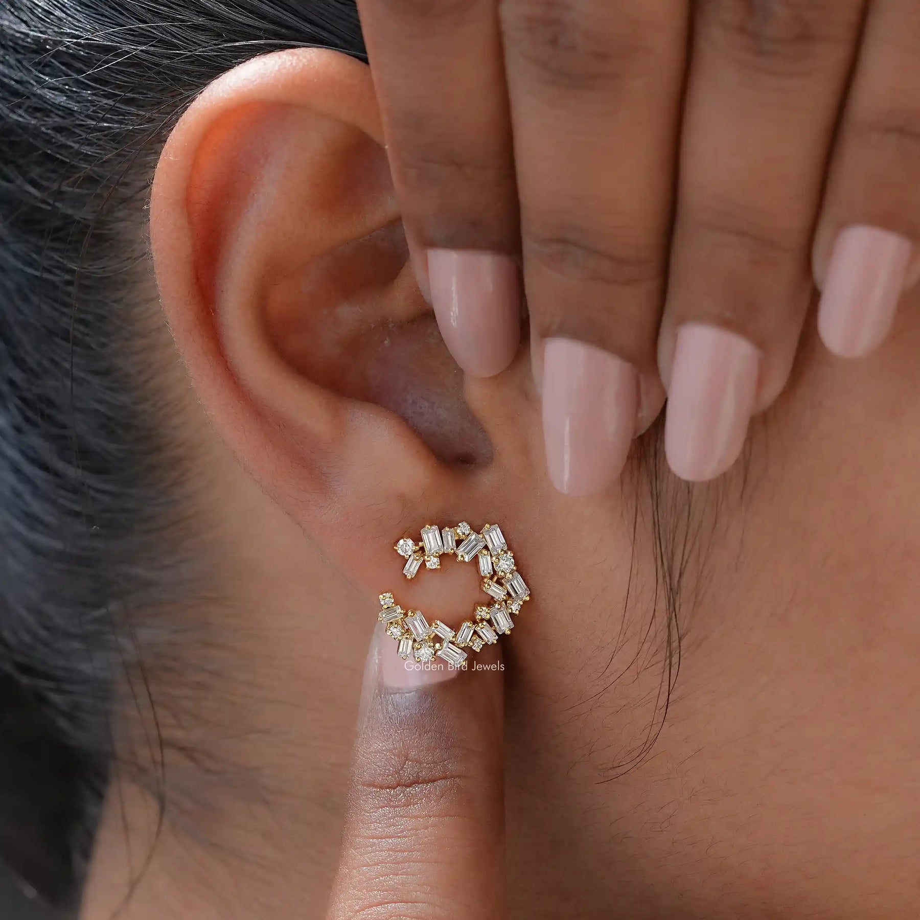 [Moissanite Round And Baguette Cut Earrings]-[Golden Bird Jewels]