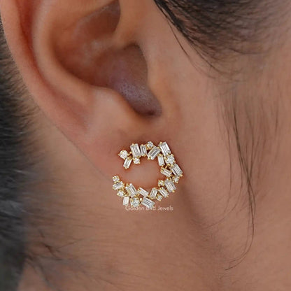 [Baguette Cut Moissanite Sideway Spiral Hoop Earrings]-[Golden Bird Jewels]