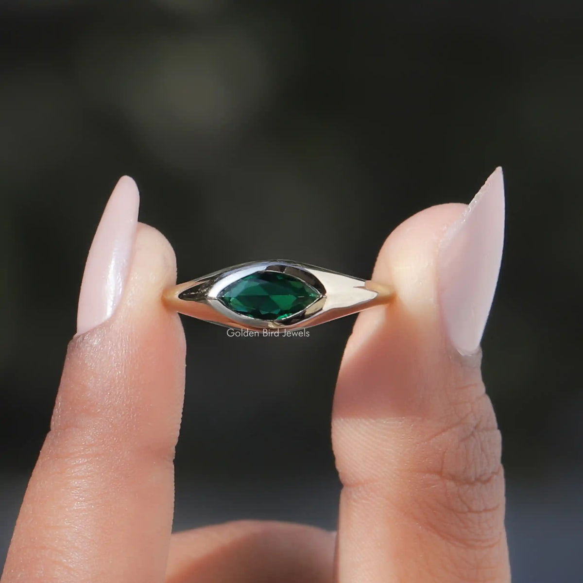 [Green Marquise Cut Bezel Set Moissanite Ring]-[Golden Bird Jewels]