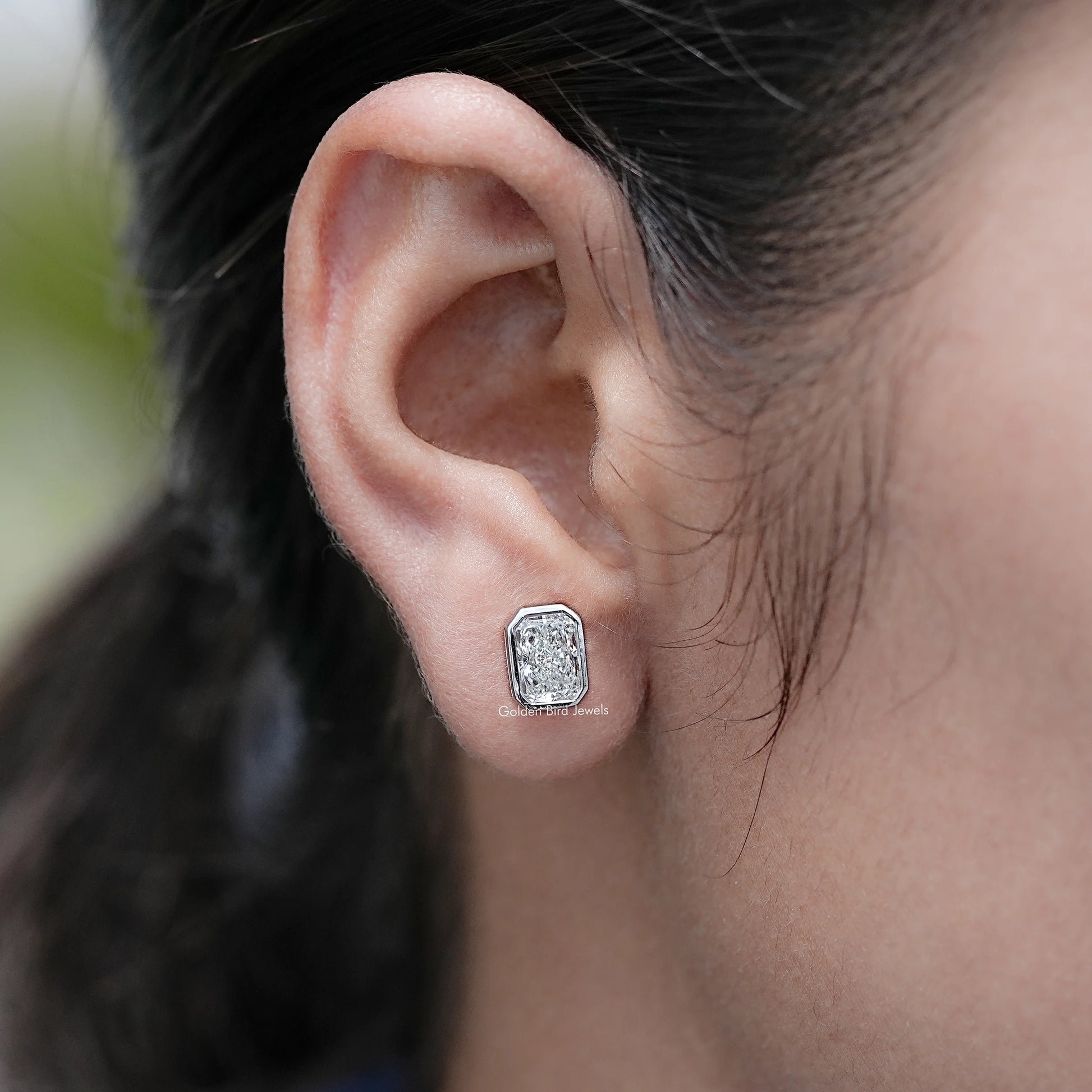Side View of Radiant Cut Diamond Stud Earrings