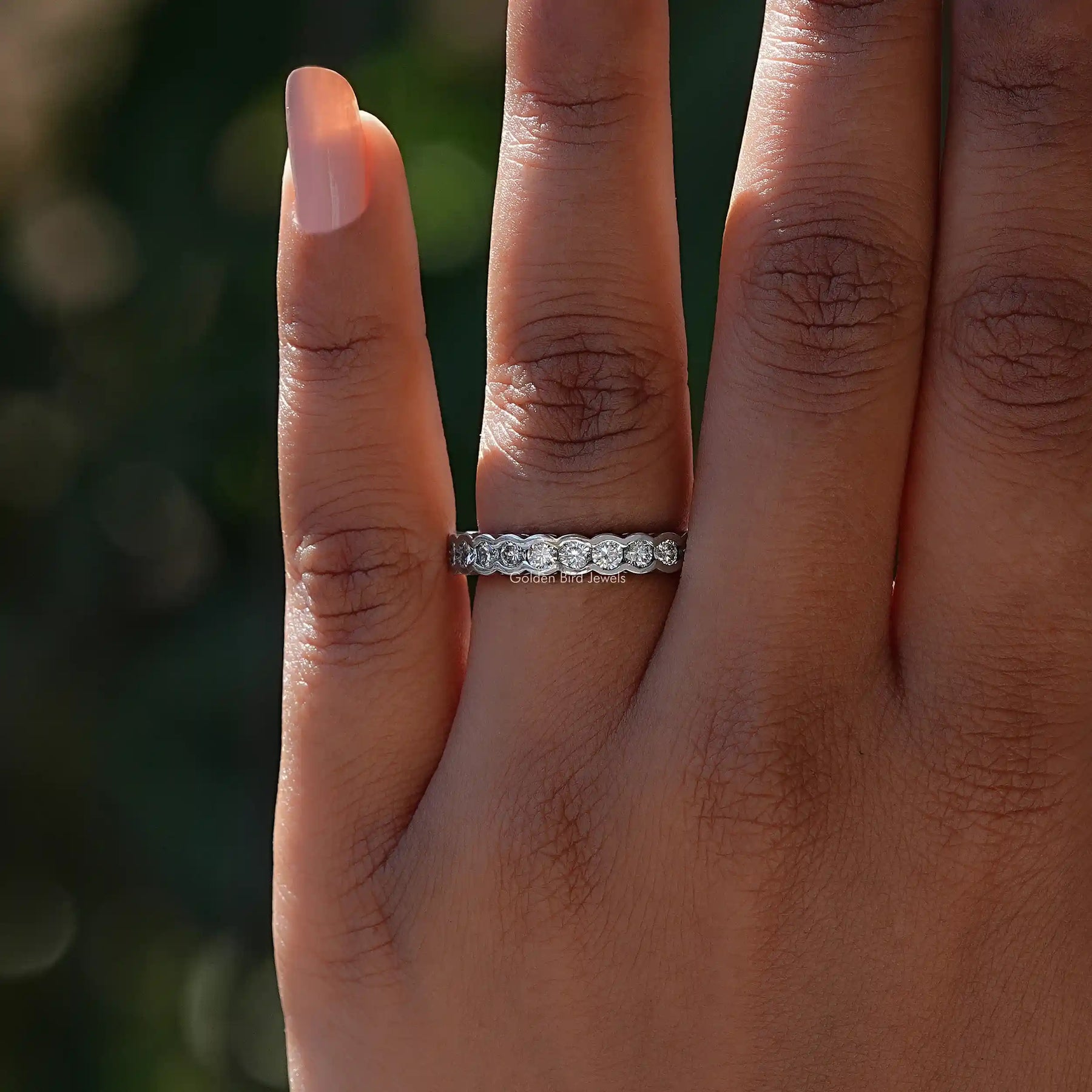 [White Gold Round Cut Diamond Eternity Band]-[Golden Bird Jewels]